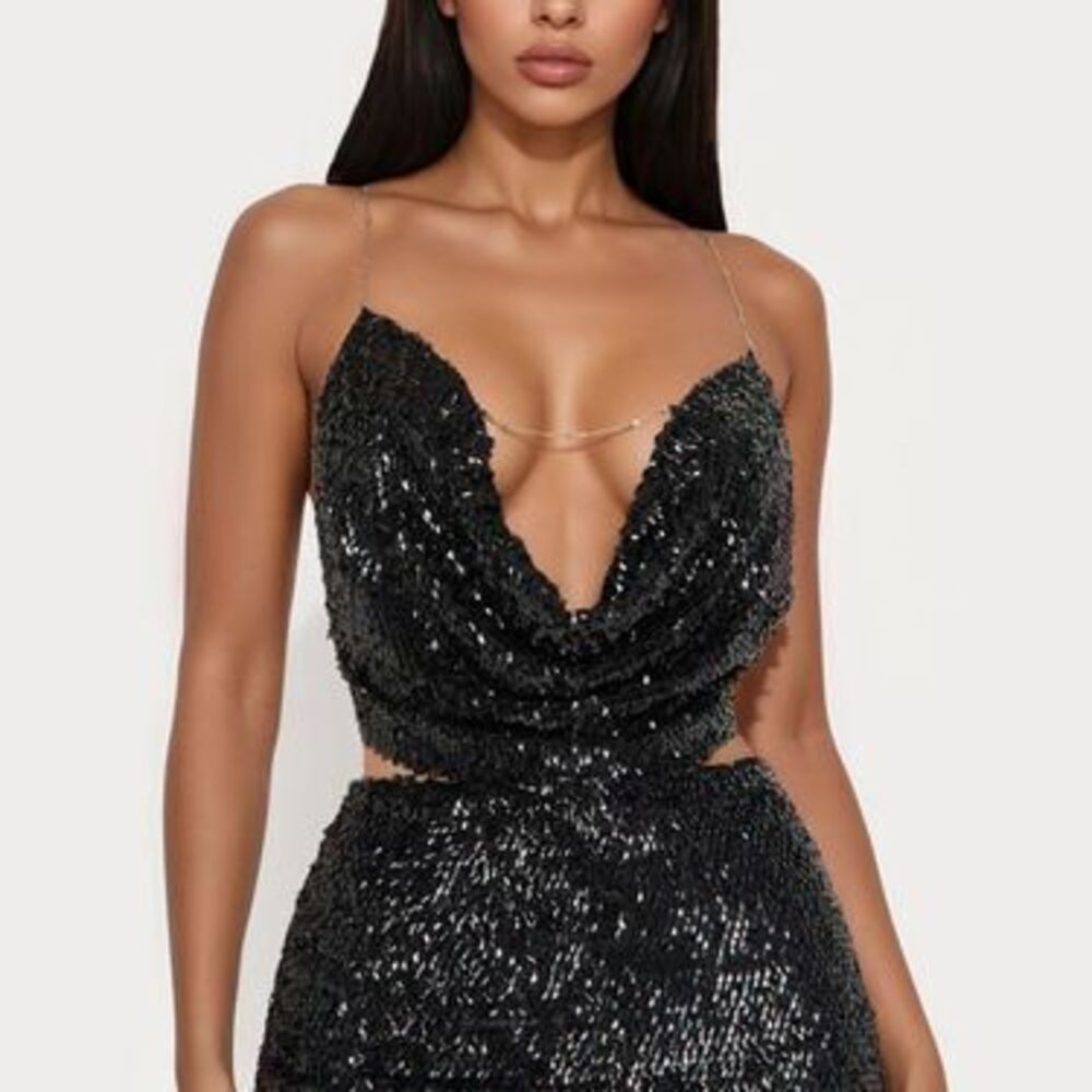 Steal The Spotlight Backless Sequin Skirt Set - Black - M